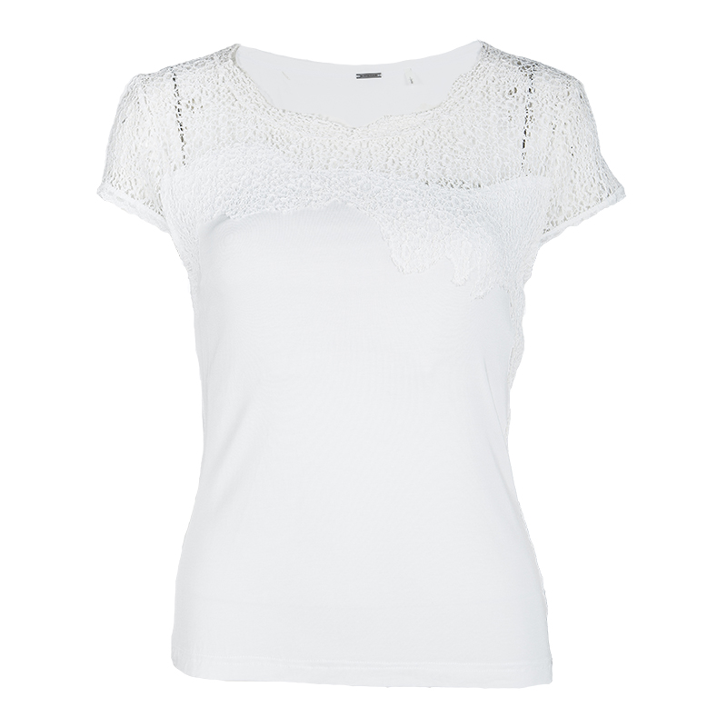 Pre Owned Elie Tahari White Jersey Asymmetric Lace Trim T-Shirt S