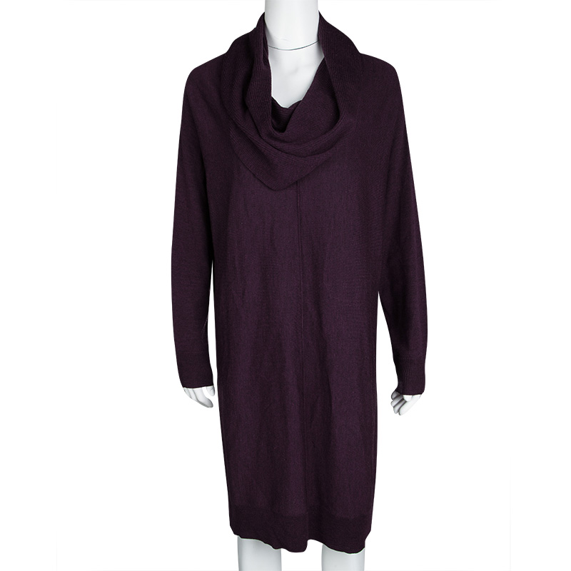 

Tahari Purple Merino Wool Draped Neck Detail Long Sleeve Sweater Dress