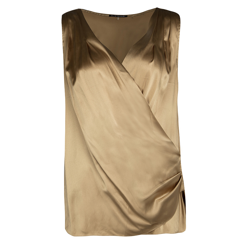 Pre Owned Elie Tahari Golden Brown Silk Satin Draped Plunge Neck Sleeveless Top L