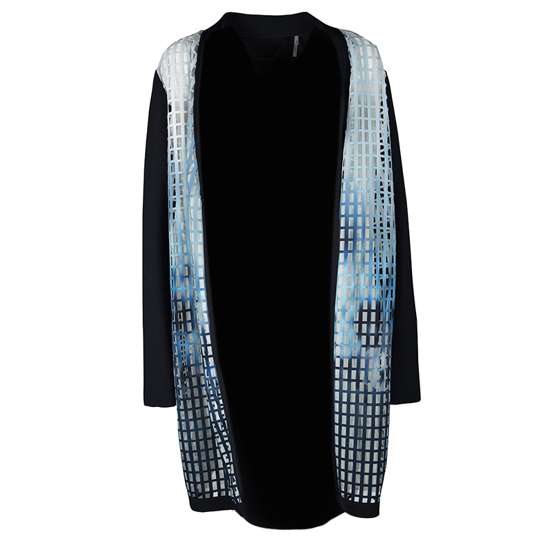 Elie Tahari Navy Blue Laser Cut Front Open Neoprene Coat L