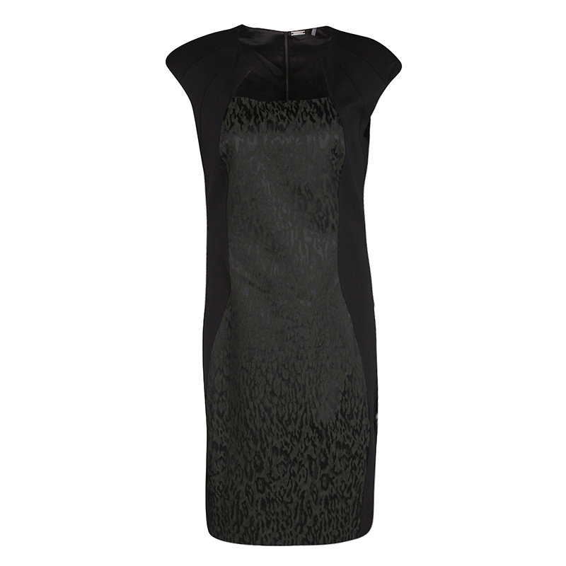 Elie Tahari Black Contrast Animal Jacquard Panel Cap Sleeve Dress S