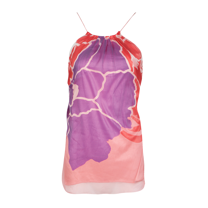 Elie Tahari Multicolor Printed Draped Silk Tie Detail Sleeveless Top S