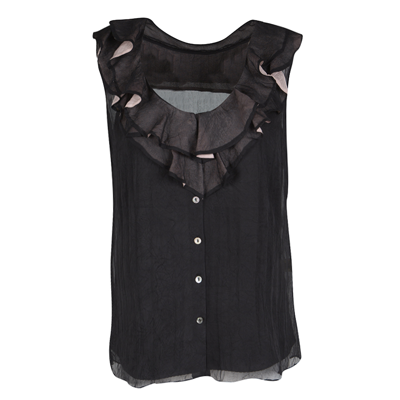Elie Tahari Black Silk Contrast Ruffle Detail Sleeveless Top S