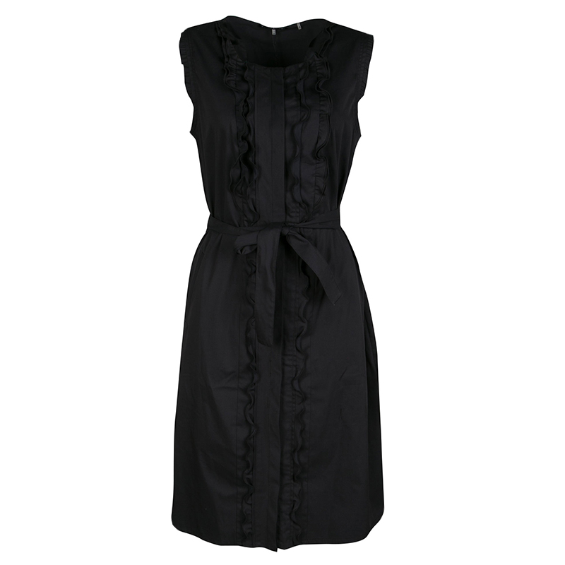 Elie Tahari Black Ruffle Detail Belted Sleeveless Martha Dress L