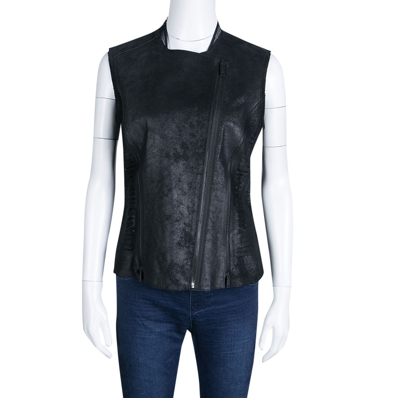 

Elie Tahari Black Distressed Lamb Leather Victoria Vest