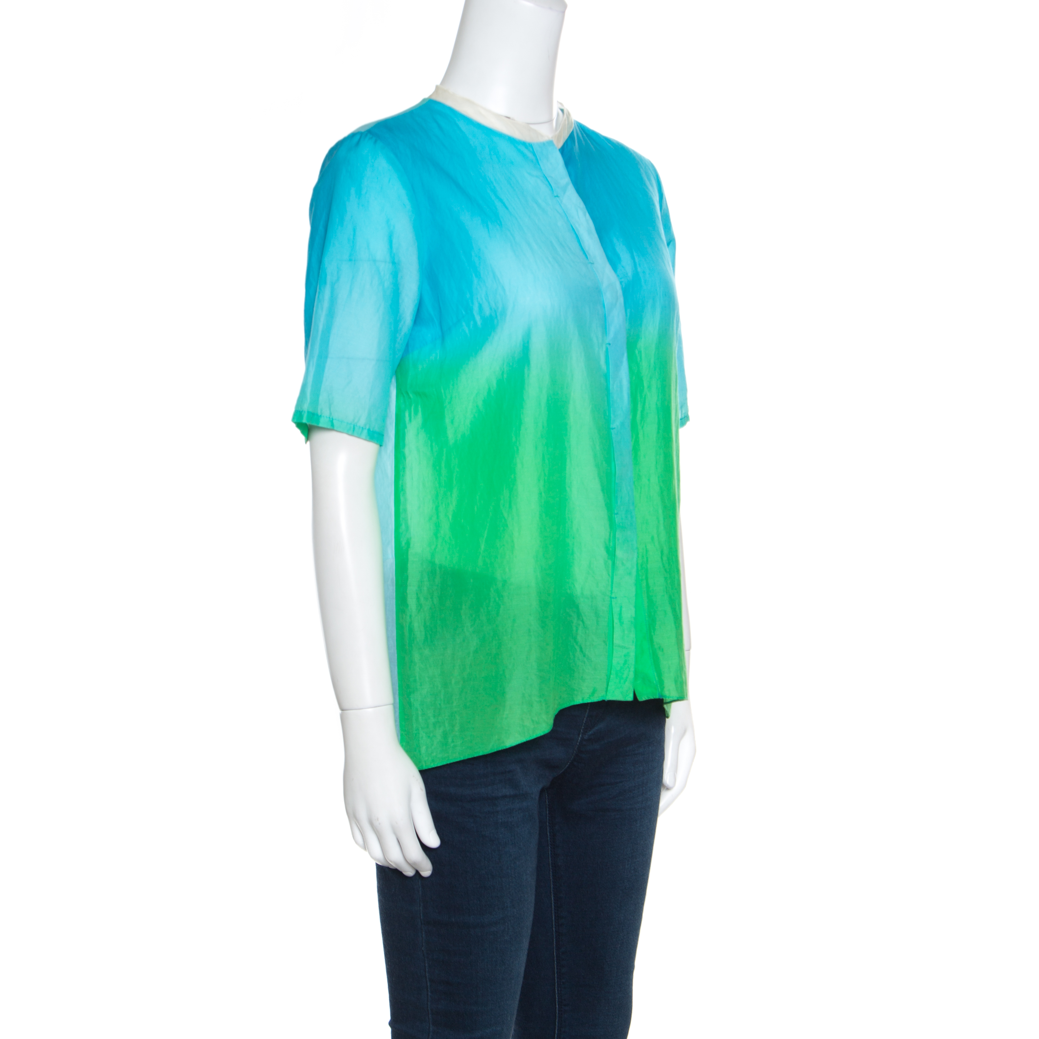 

Elie Tahari Blue and Green Ombre Mandarin Collar Alejandra Blouse