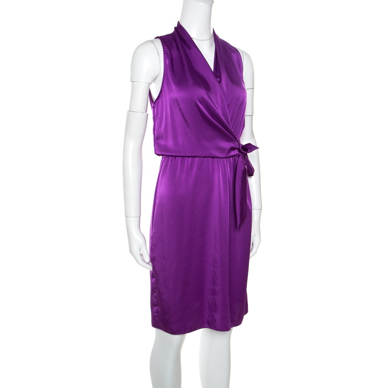 

Elie Tahari Purple Satin Front Tie Gathered Waist Sleeveless Halley Dress