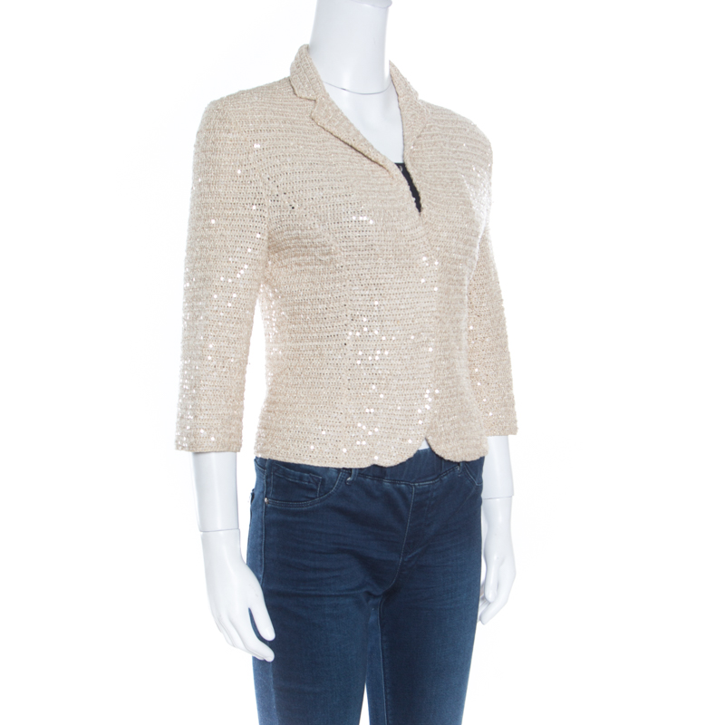 

Elie Tahari Beige Cotton Lurex Knit Sequined Jacket