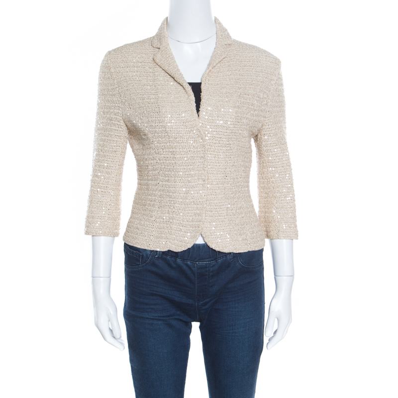 Pre Owned Elie Tahari Beige Cotton Lurex Knit Sequined Jacket S
