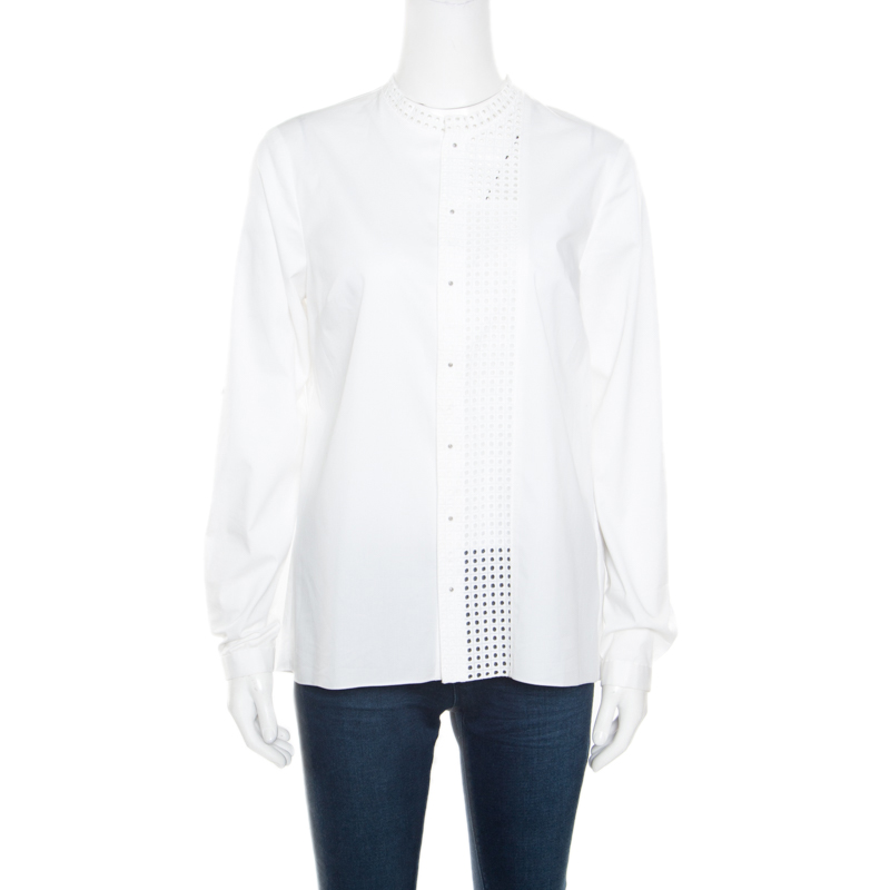 Pre Owned Elie Tahari White Eyelet Panel Insert Long Sleeve Blouse S