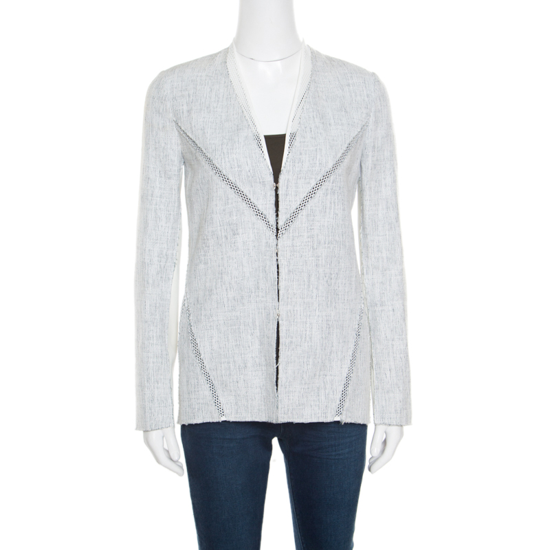 

Elie Tahari Off White and Blue Textured Mesh Insert Mixed Media Leeann Jacket XS, Multicolor