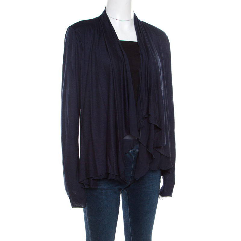 

Elie Tahari Navy Blue Jersey and Silk Layered Open Front Cardigan
