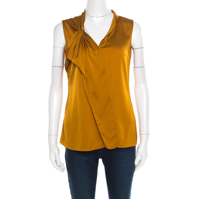 Pre Owned Elie Tahari Mustard Satin Knotted Shoulder Detail Sleeveless Top M