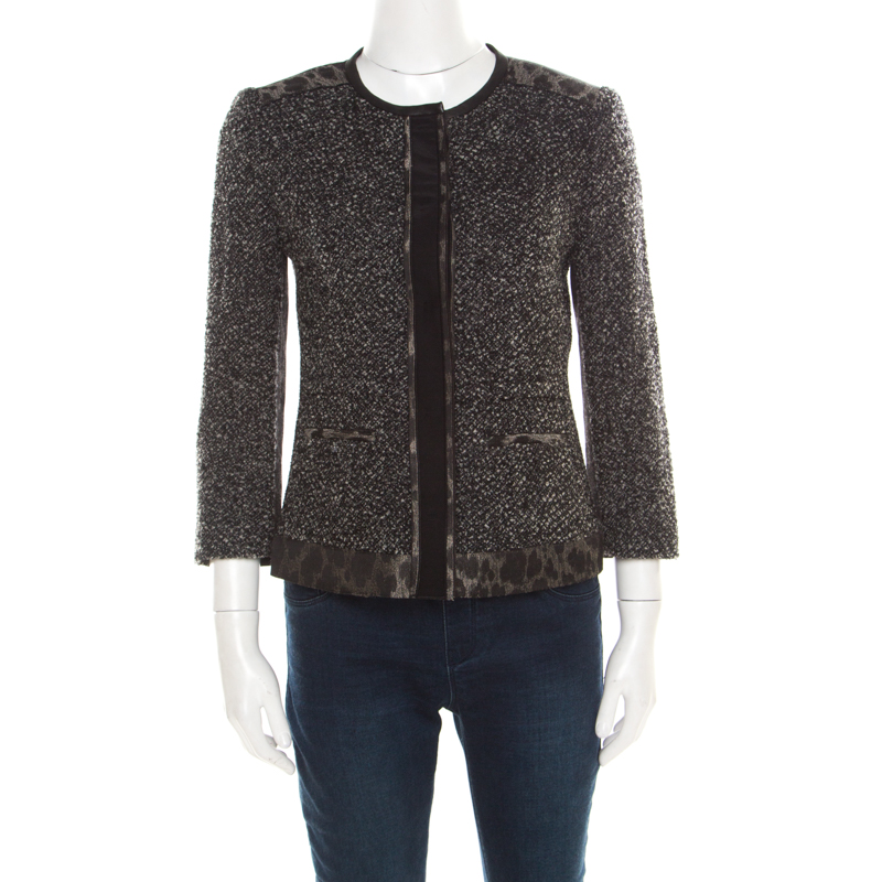 Elie Tahari Grey Tweed and Animal Print Paneled Leather Trim Boucle ...