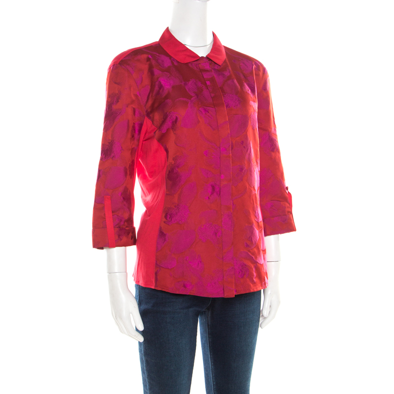 

Elie Tahari Red and Purple Floral Jacquard Jersey Shirt