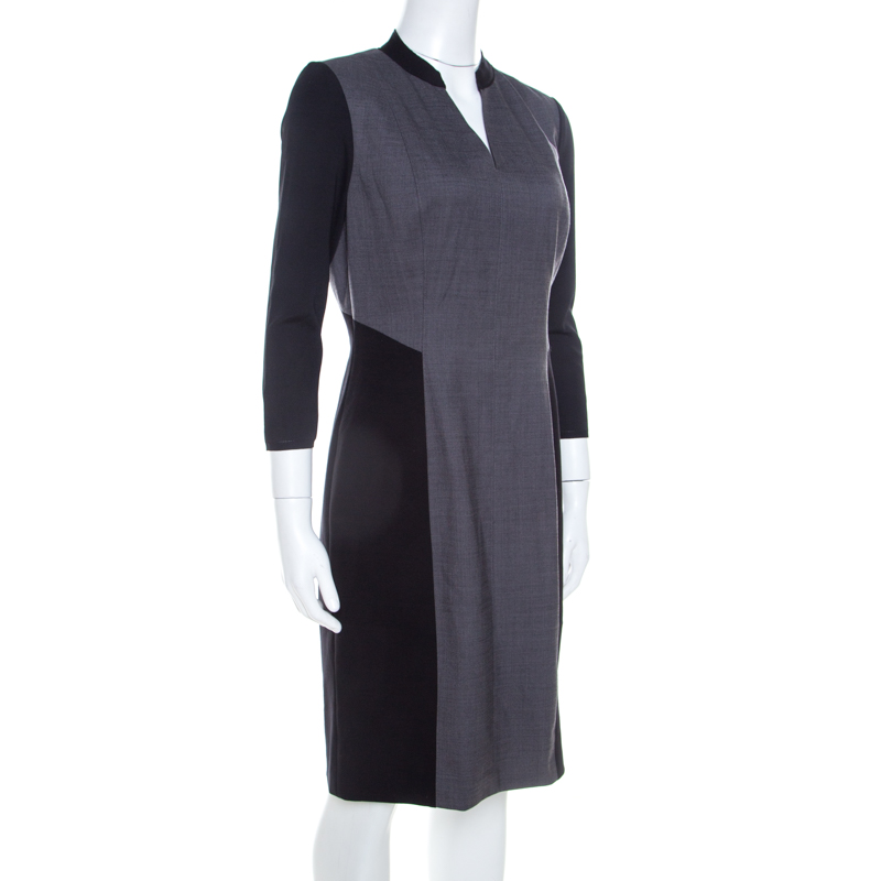 

Elie Tahari Black and Grey Colorblock Stretch Wool Blend Citrine Dress