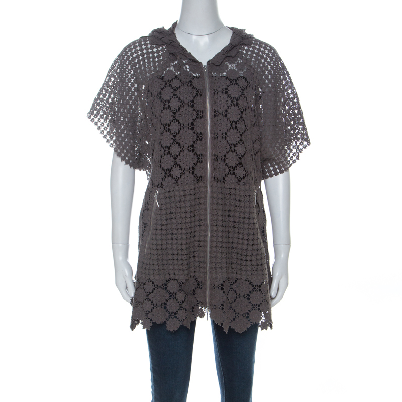 Elie Tahari Grey Cotton Floral Crochet Hooded Zip Up Jacket L