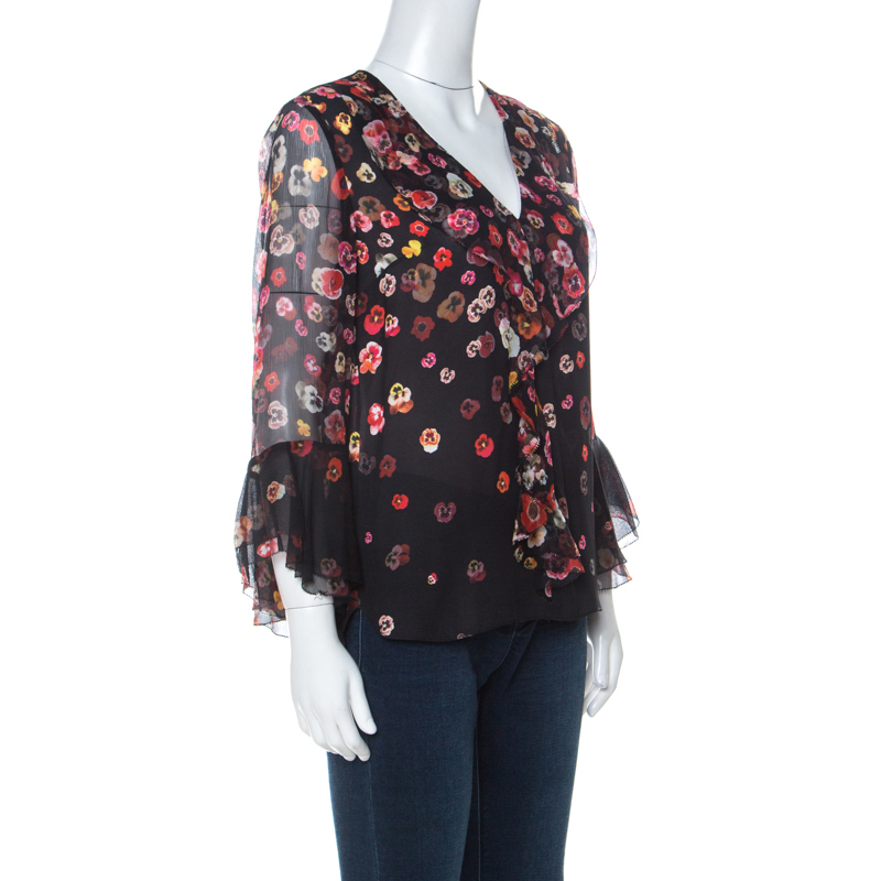 

Elie Tahari Black Floral Print Silk Jilliana Ruffled Blouse