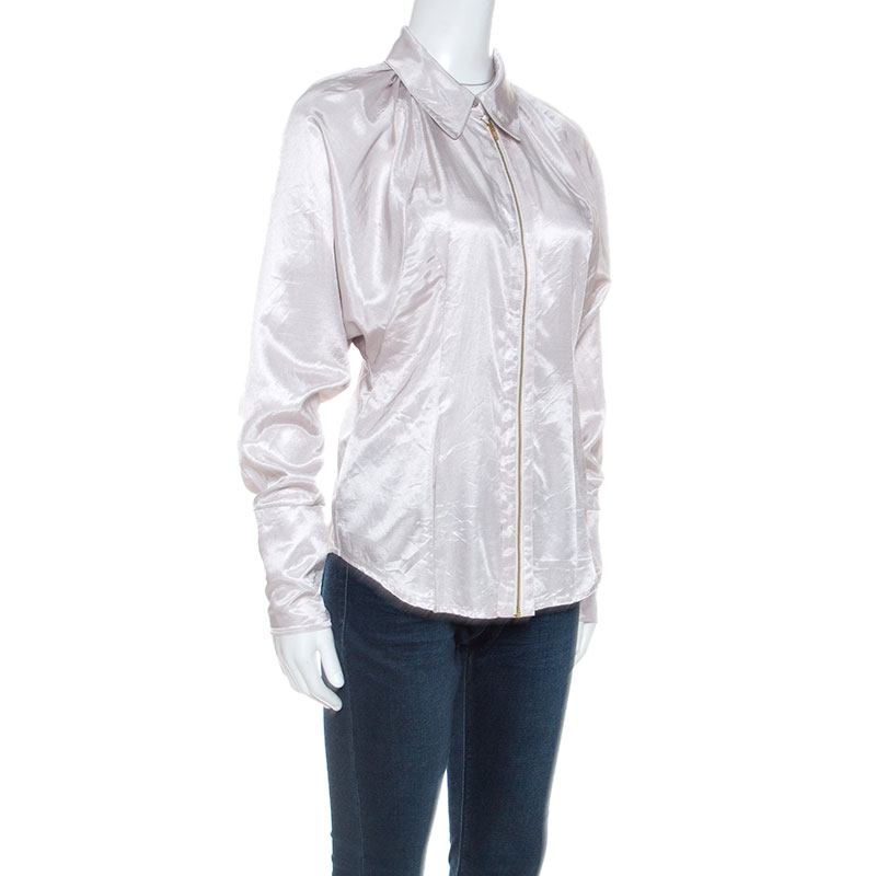 

Elie Tahari Beige Stretch Cotton Shiny Zip Front Top