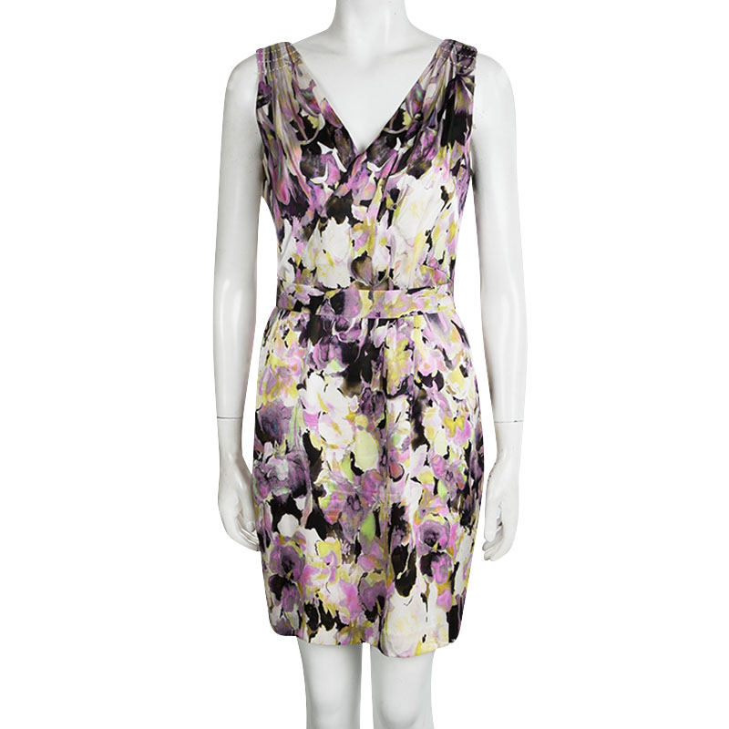 

Elie Tahari Multicolor Floral Printed Silk Pleated Front Belted Sleeveless Dress