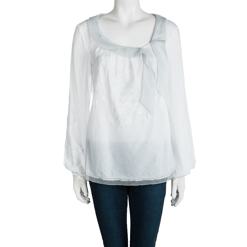 

Elie Tahari White Cottton Tie Detail Embroidered Long Sleeve Top