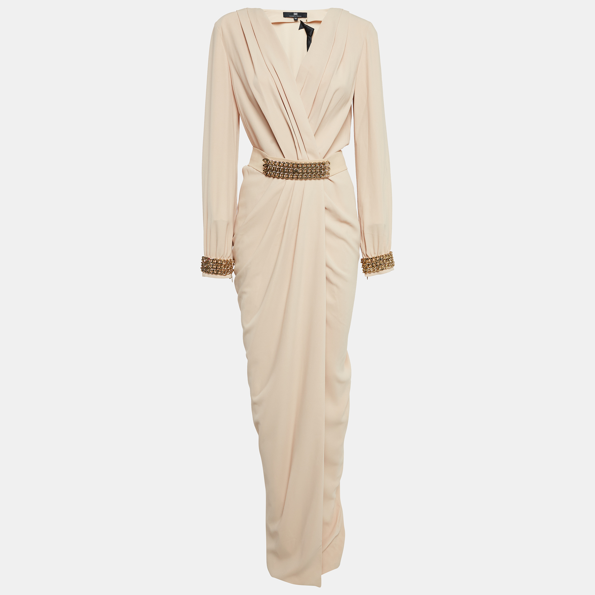 

Elisabetta Franchi Cream Chained Crepe Belted Wrap-Up Gown S