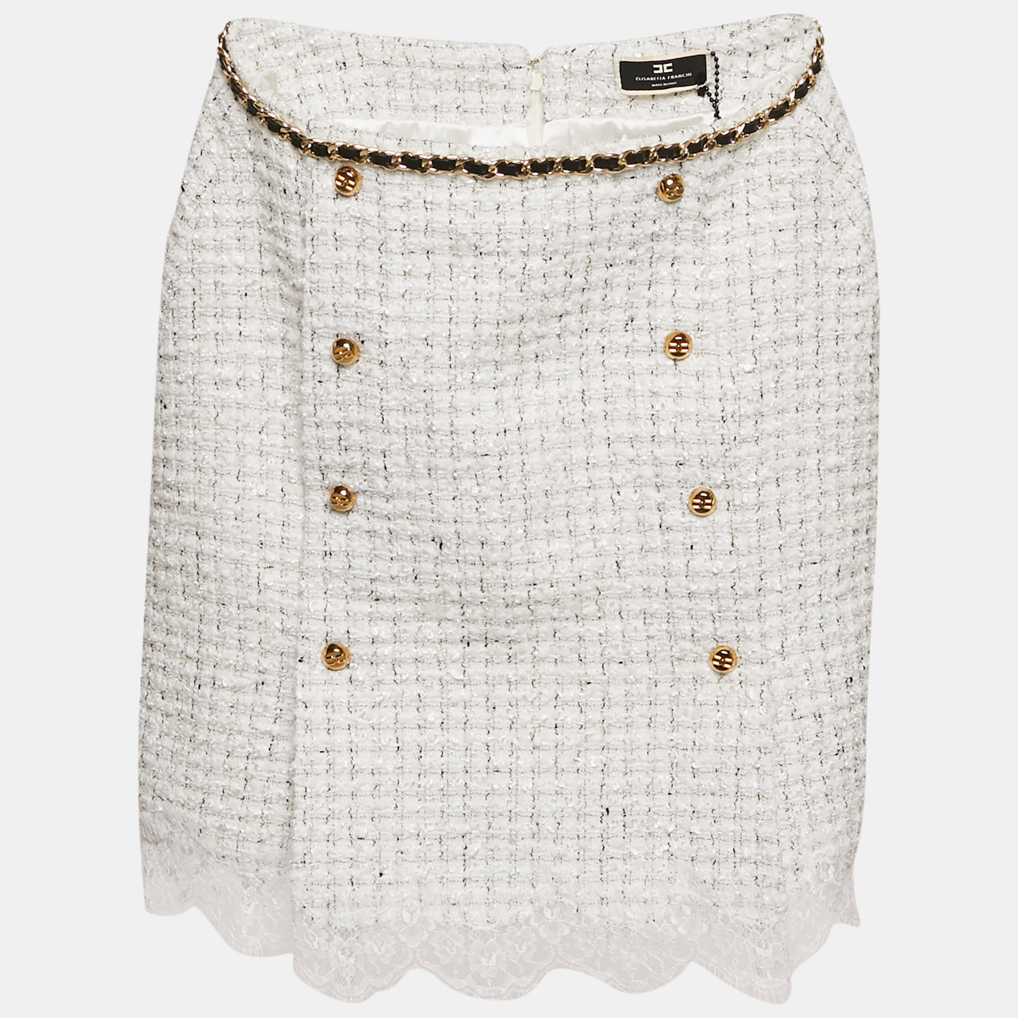 

Elisabetta Franchi White Tweed Chai Embellished Mini Skirt S