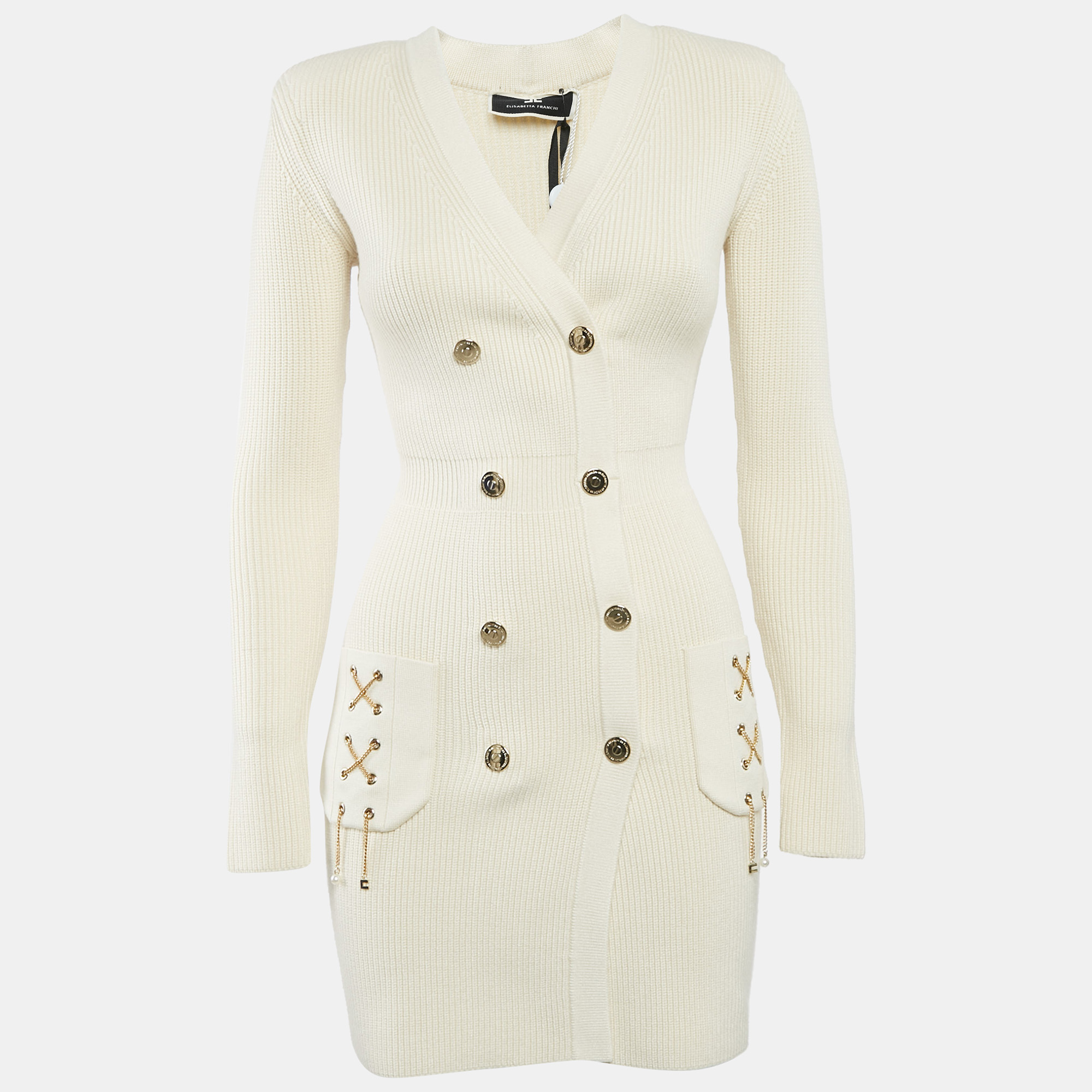 

Elisabetta Franchi Cream Rib Knit Double Breasted Mini Dress S