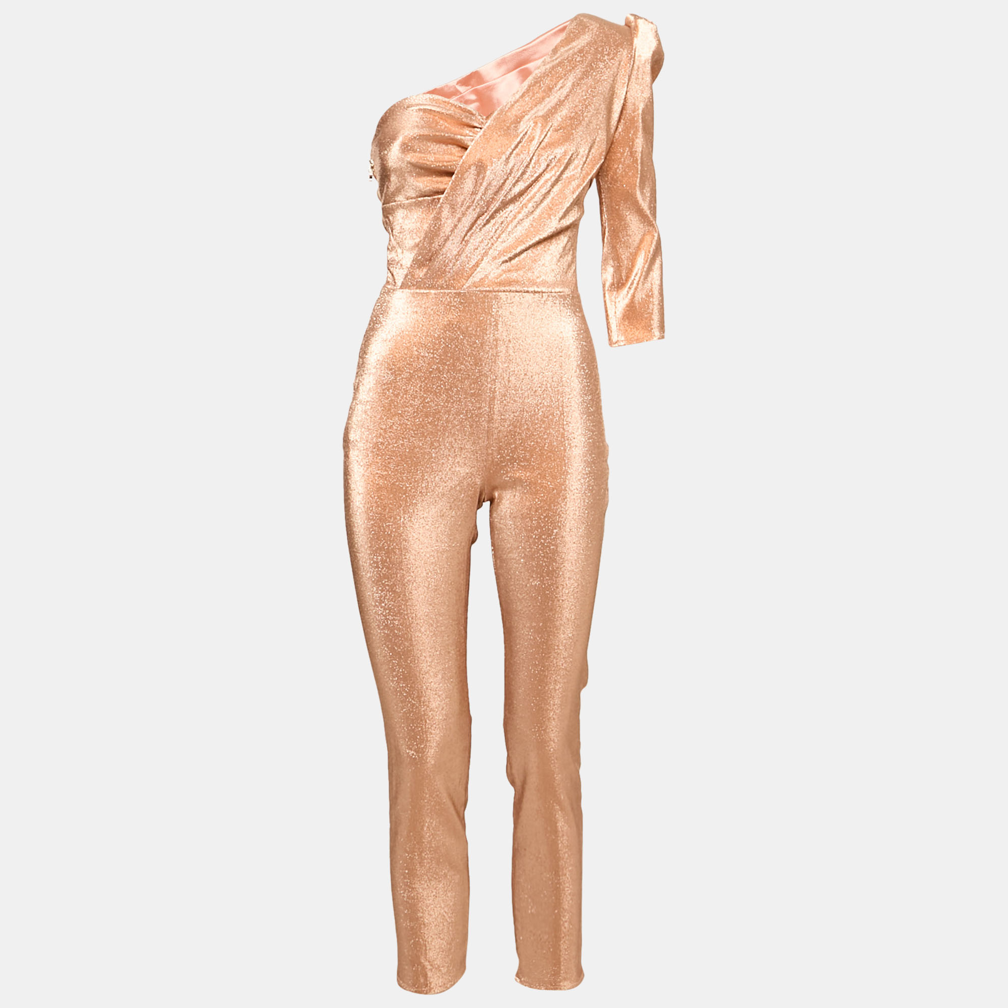 Pre-owned Elisabetta Franchi Rosegold Metallic Jersey One Shoulder Jumpsuit S