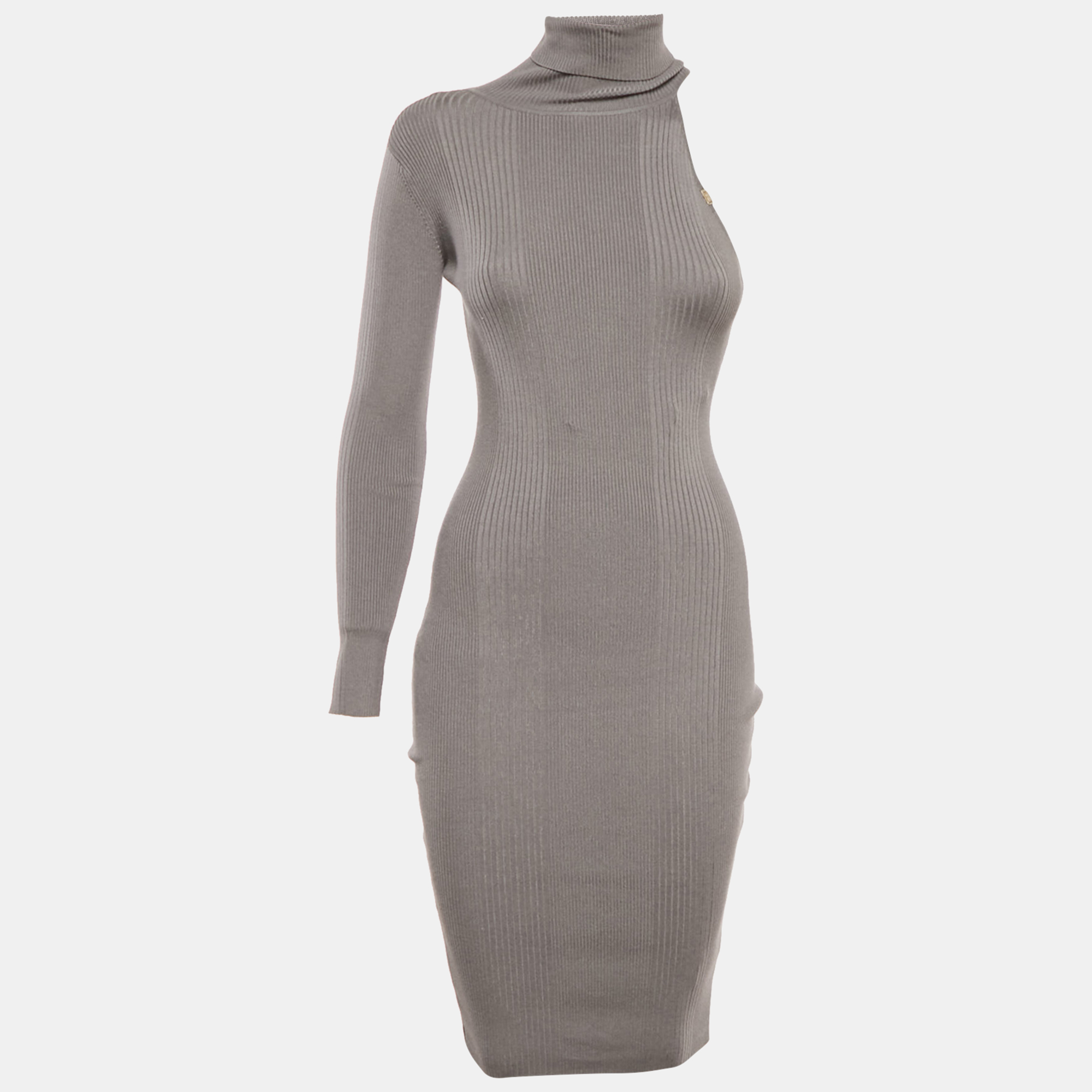 

Elisabetta Franchi Grey Rib Knit One Shoulder Bodycon Dress M