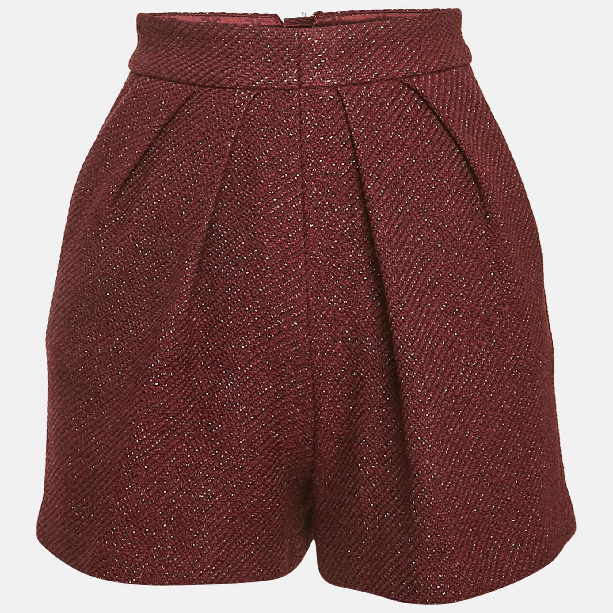 

Elisabetta Franchi Burgundy Lurex Tweed Pleated Shorts S