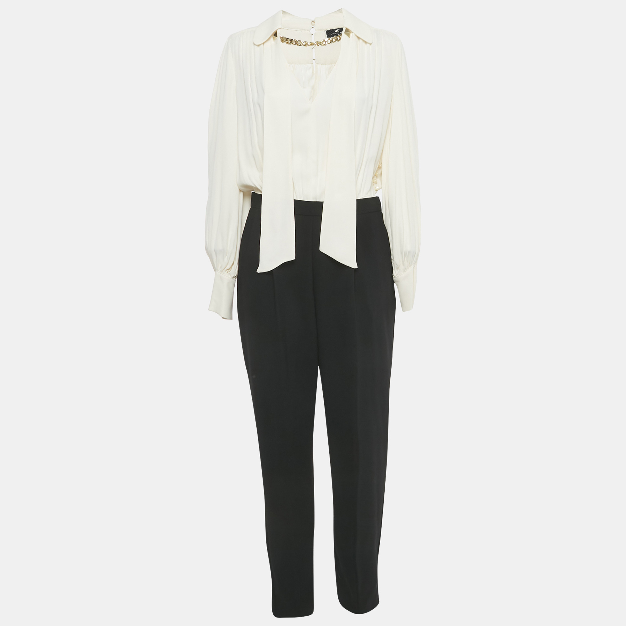 Pre-owned Elisabetta Franchi Beige/black Crepe Detachable Top And Bottom Jumpsuit L In Sand