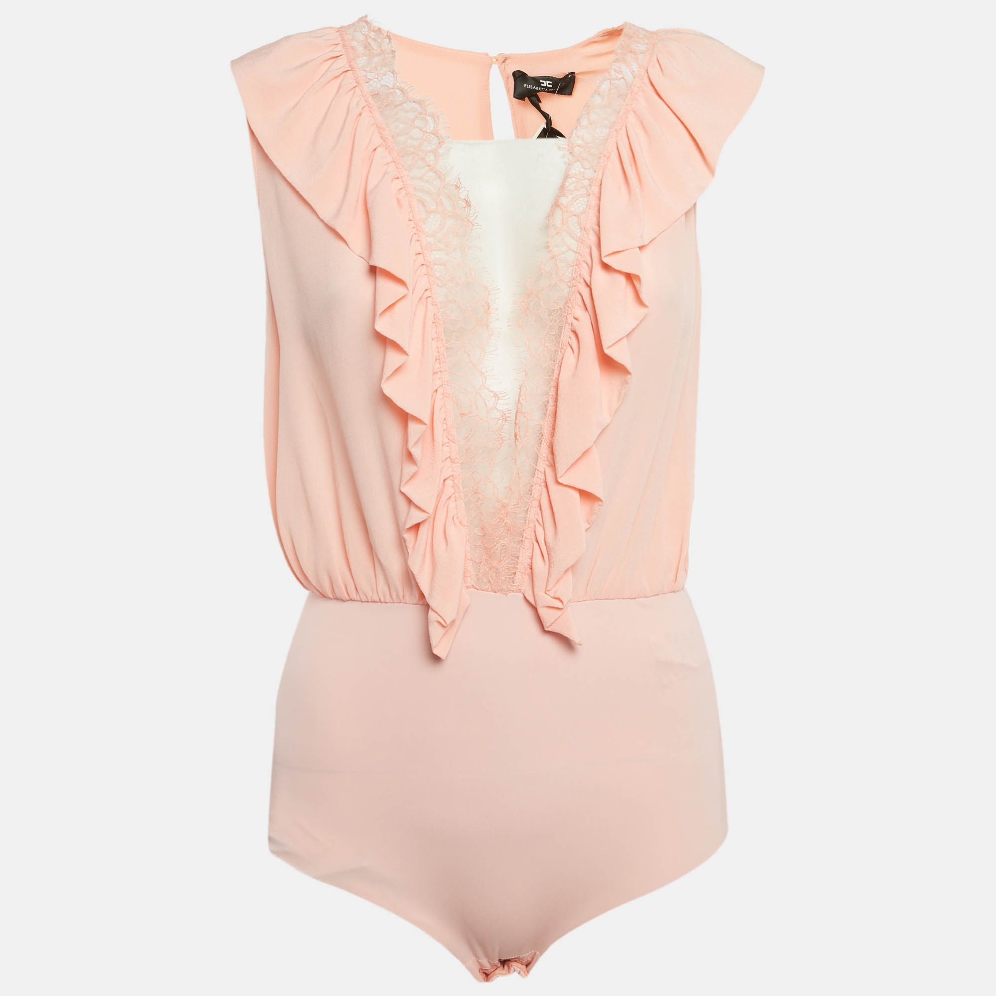 Pre-owned Elisabetta Franchi Orange/peach Silk Lace Trimmed Bodysuit Top M