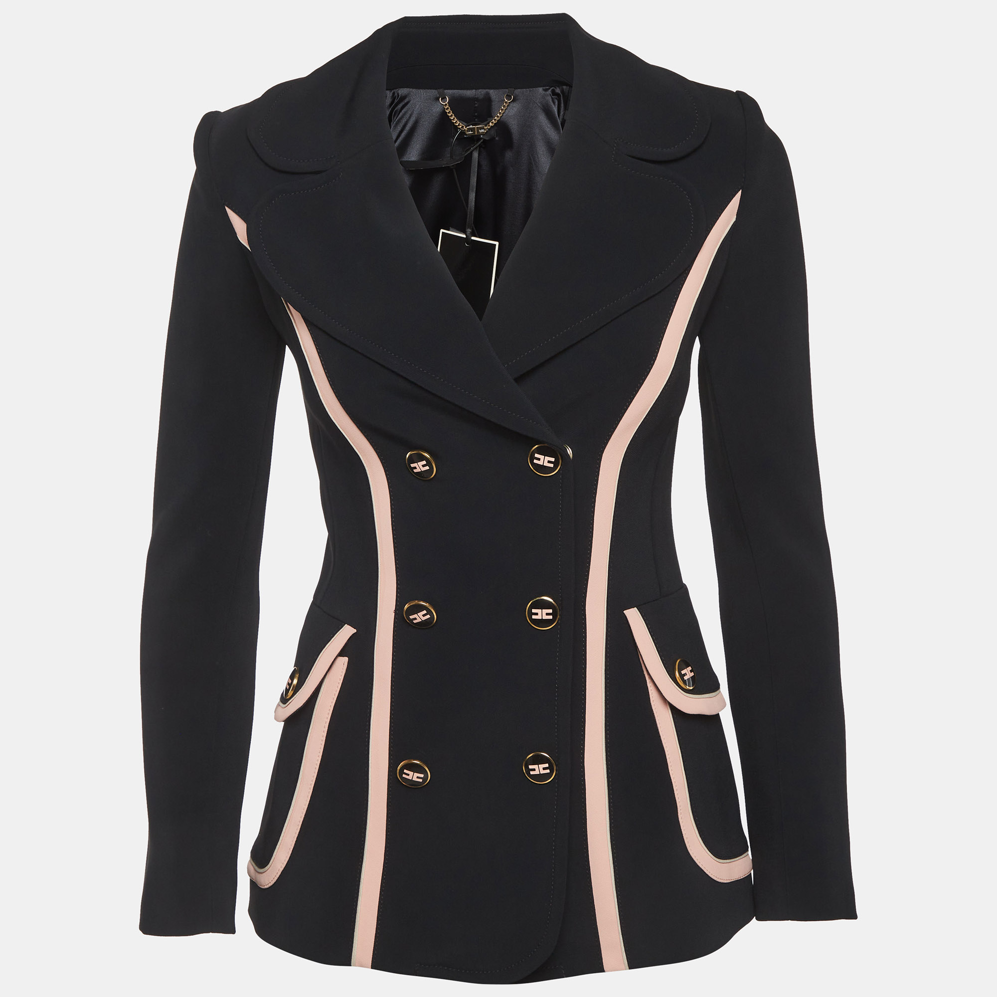 Pre-owned Elisabetta Franchi Black Crepe Contrast Detail Double Breasted Blazer S