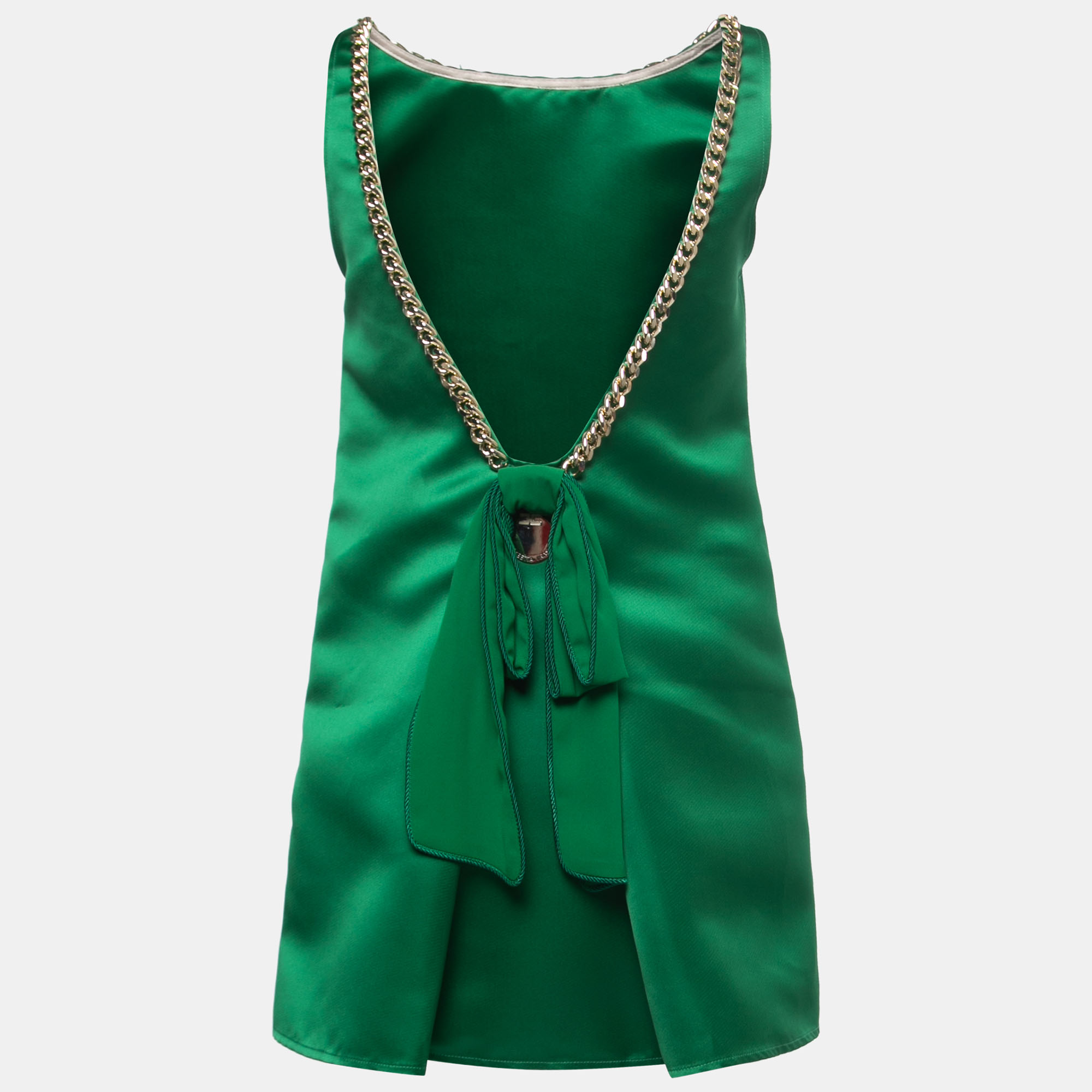 

Elisabetta Franchi Green Dutchess Satin Chain Trim Sleeveless Mini Dress