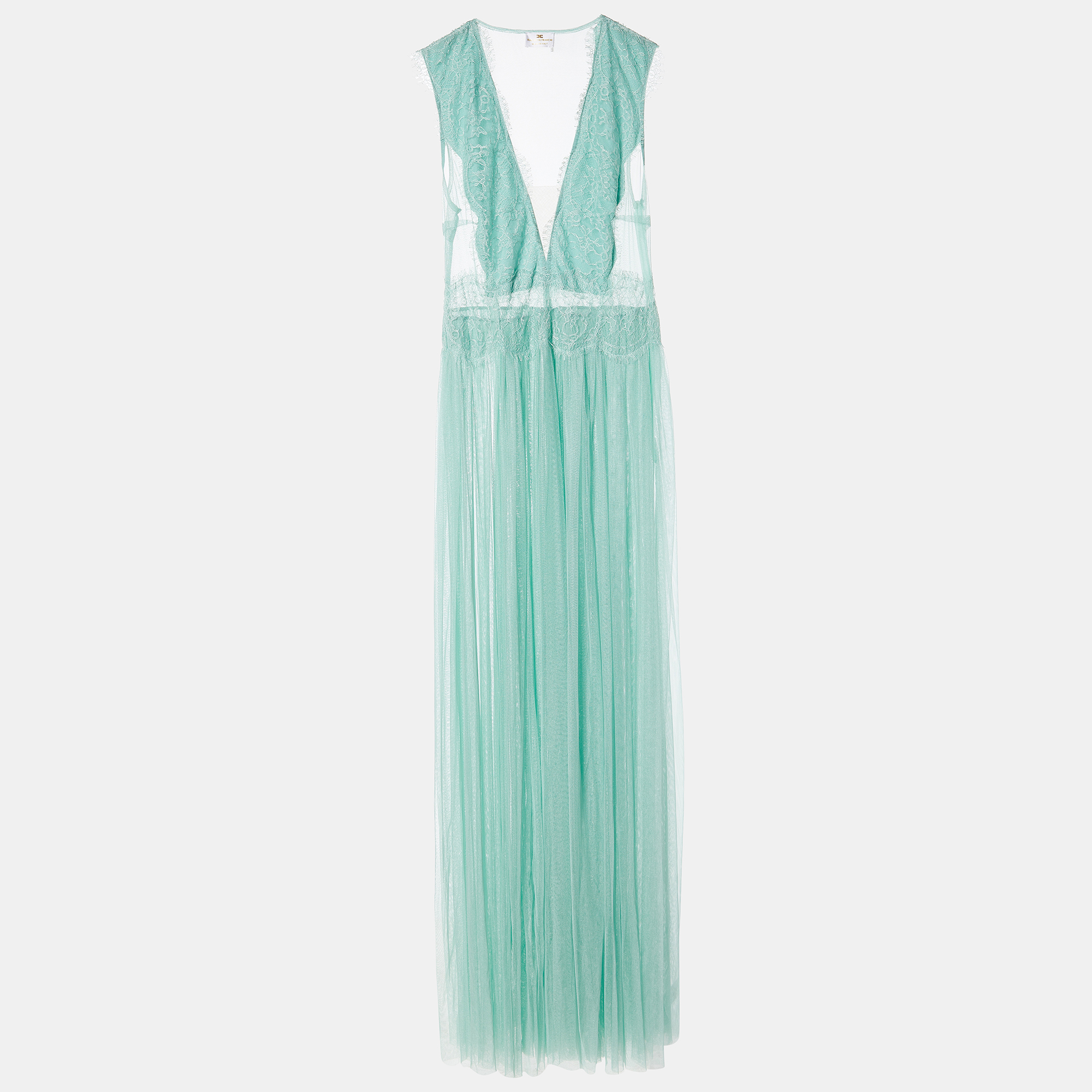 Pre-owned Elisabetta Franchi Mint Green Lace & Tulle Sleeveless Gown L
