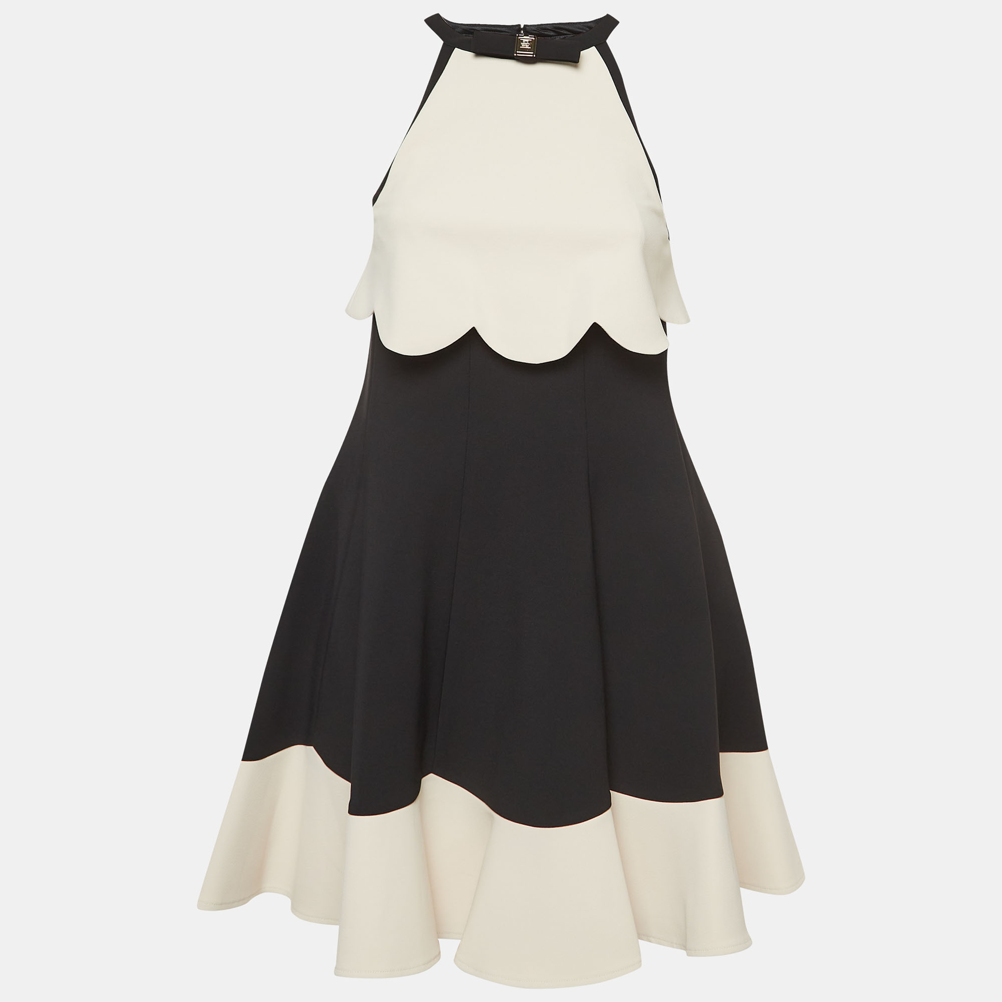 

Elisabetta Franchi Black/Cream Crepe Halter Neck Flared Mini Dress