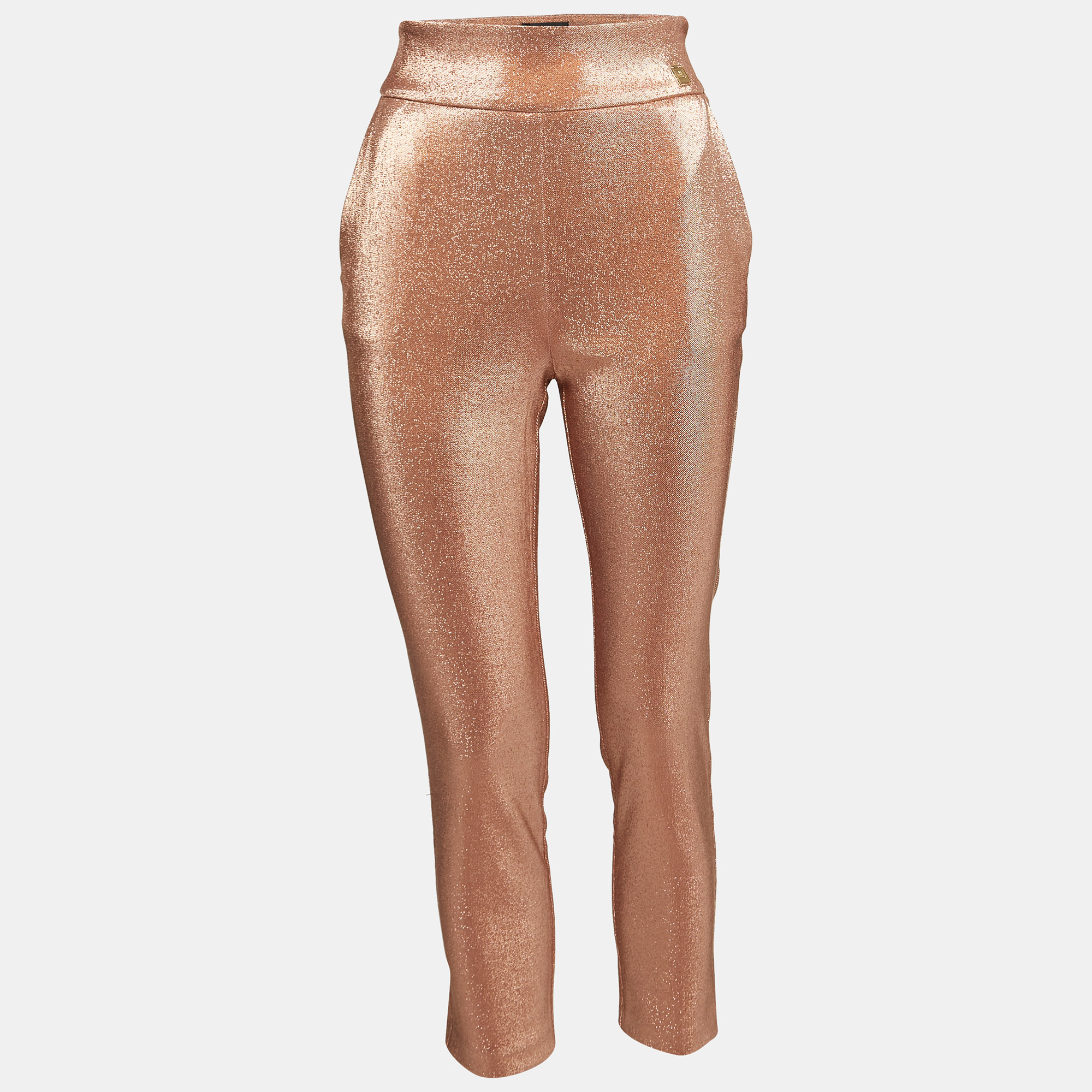 

Elisabetta Franchi Metallic Rose Gold Lurex High Rise Cropped Trousers S