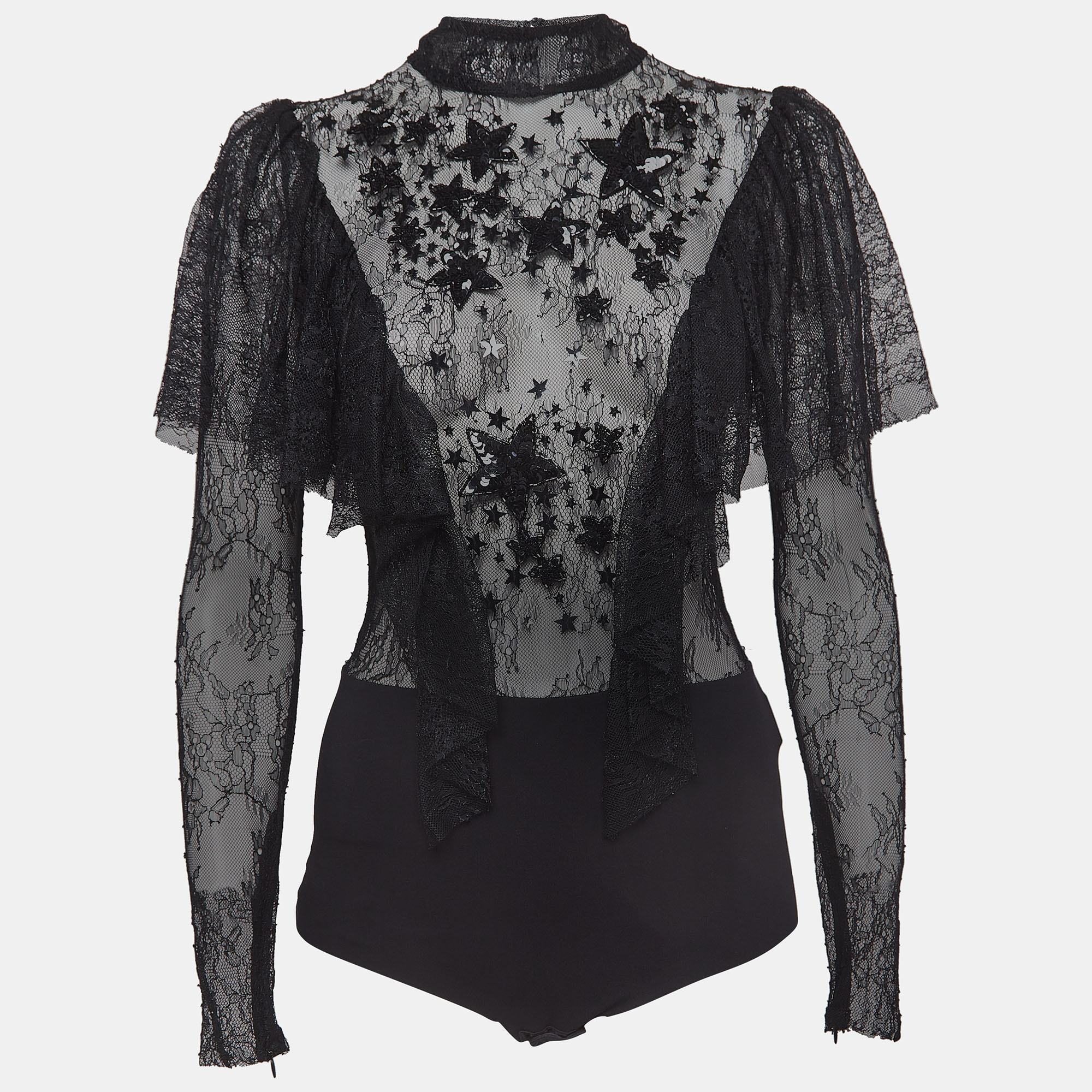 Pre-owned Elisabetta Franchi Black Embellished Stretch Tulle Bodysuit M