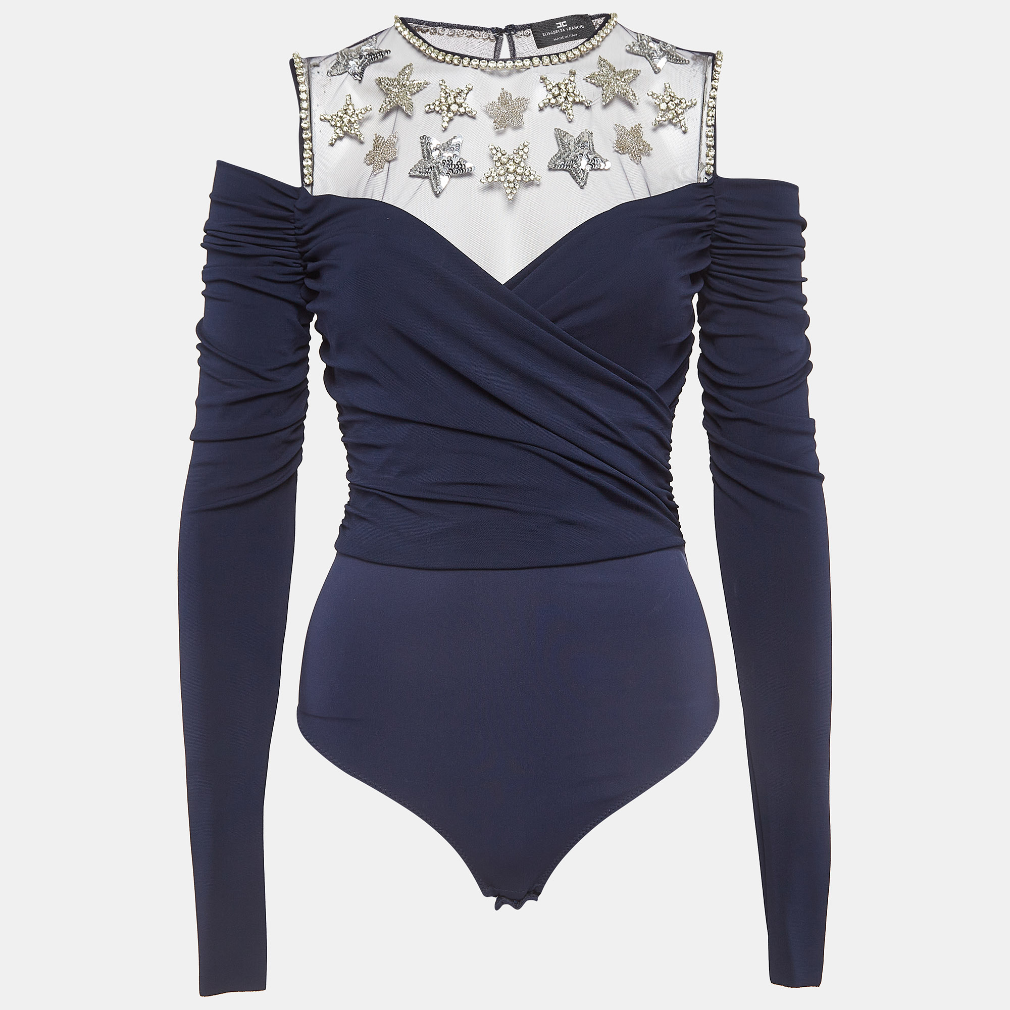 

Elisabetta Franchi Navy Blue Embroidered Jersey Bodysuit
