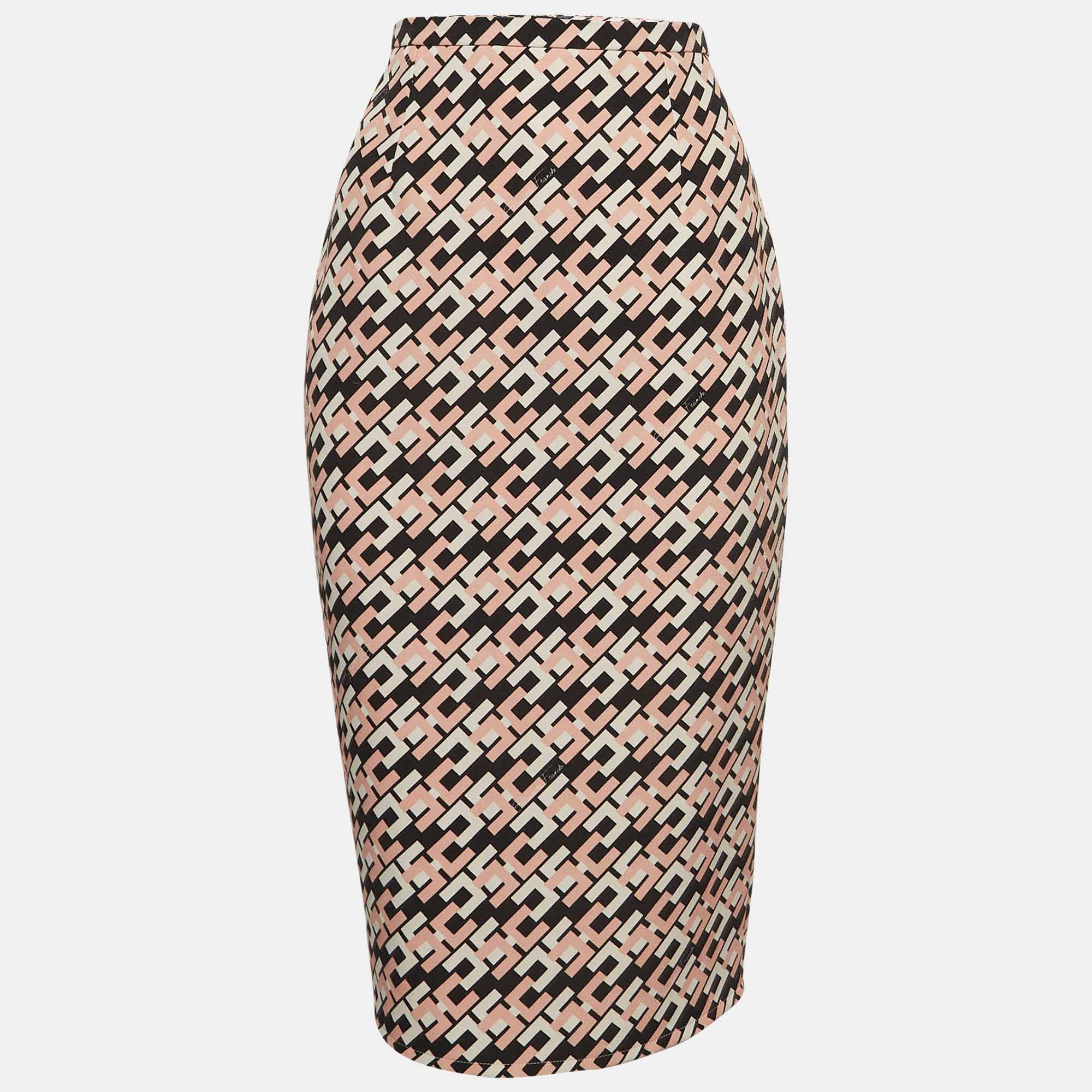 

Elisabetta Franchi Black/Pink Logo Print Crepe Pencil Skirt