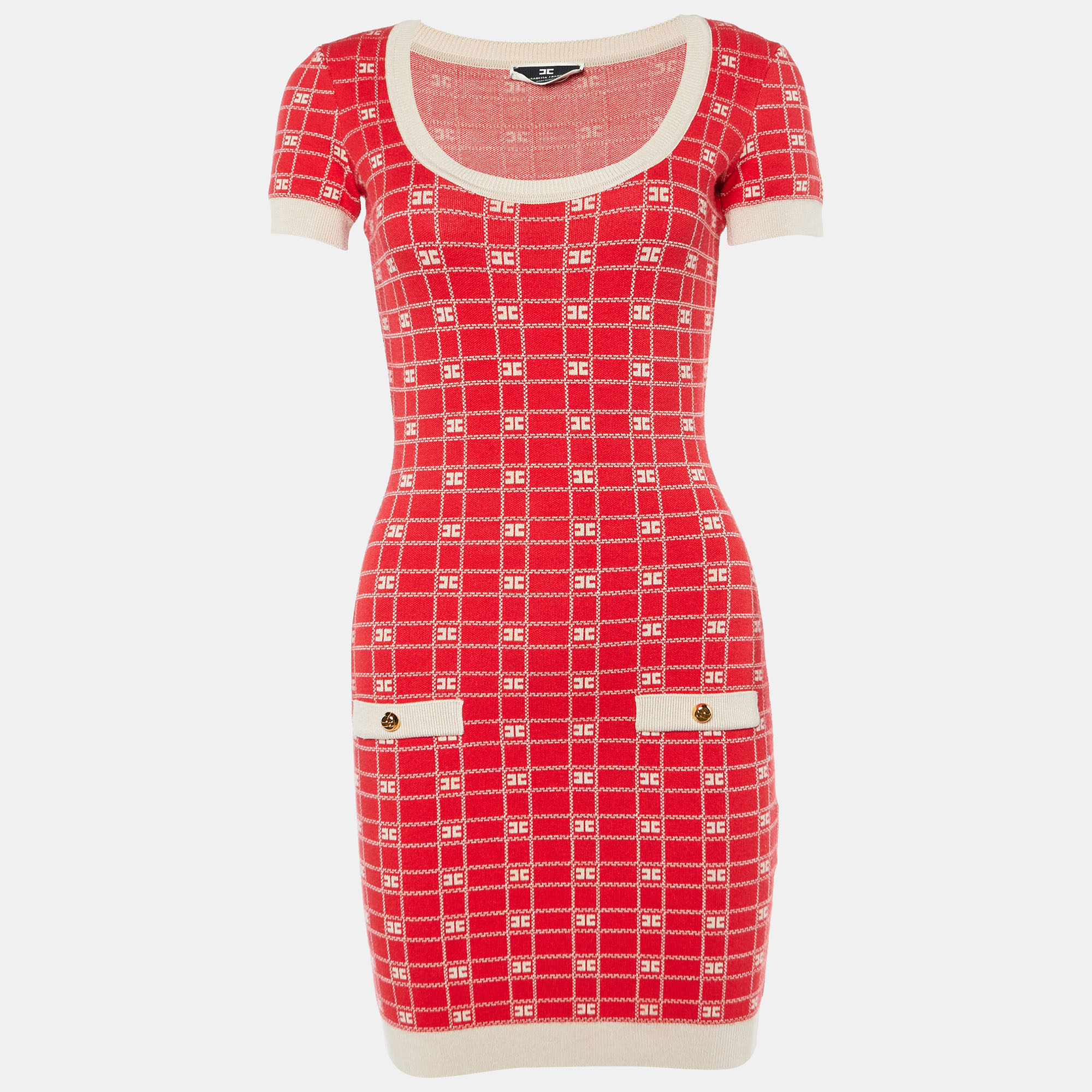 

Elisabetta Franchi Red Logo Jacquard Knit Mini Dress M