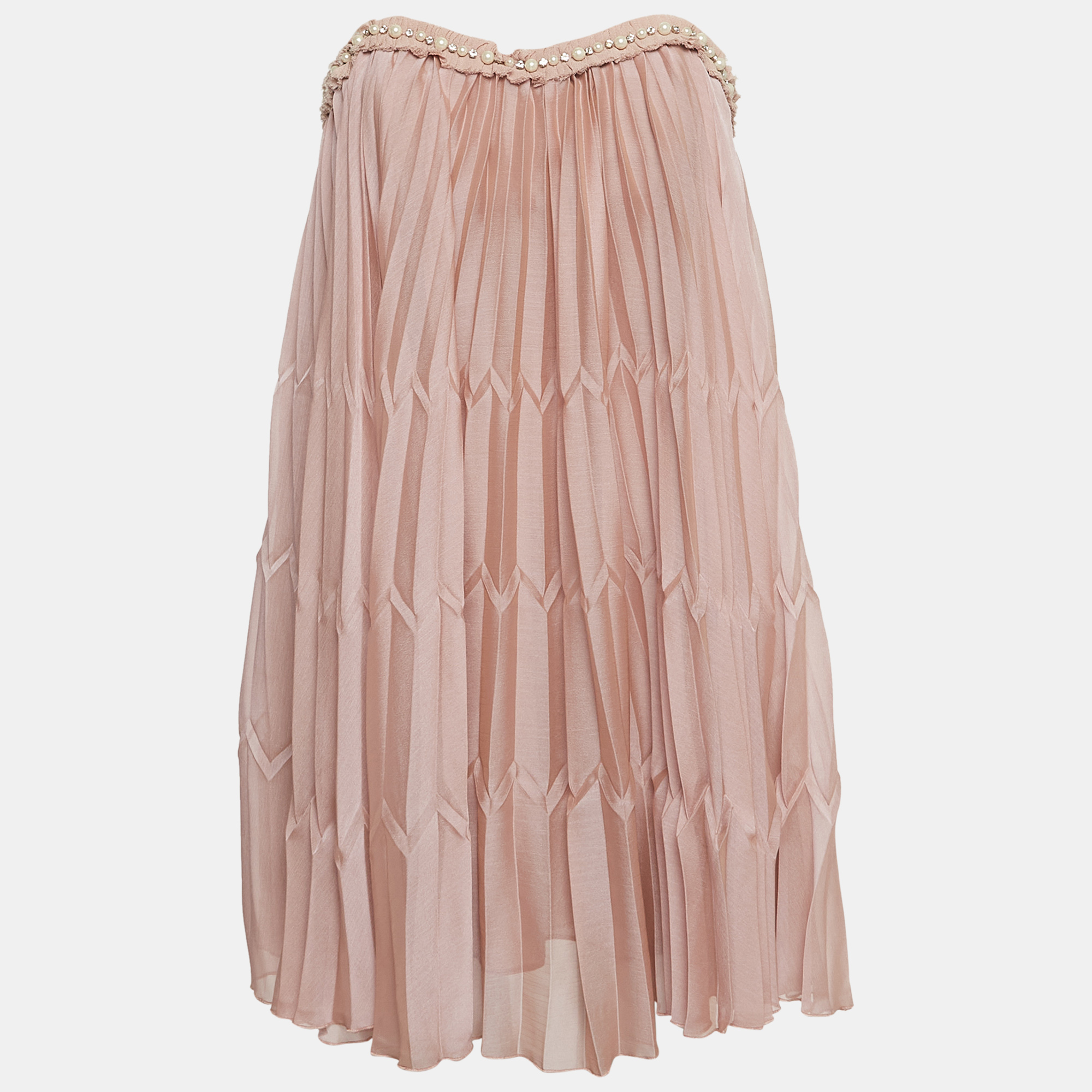 

Elisabetta Franchi Pink Pearl Detail Chiffon Strapless Mini Dress M