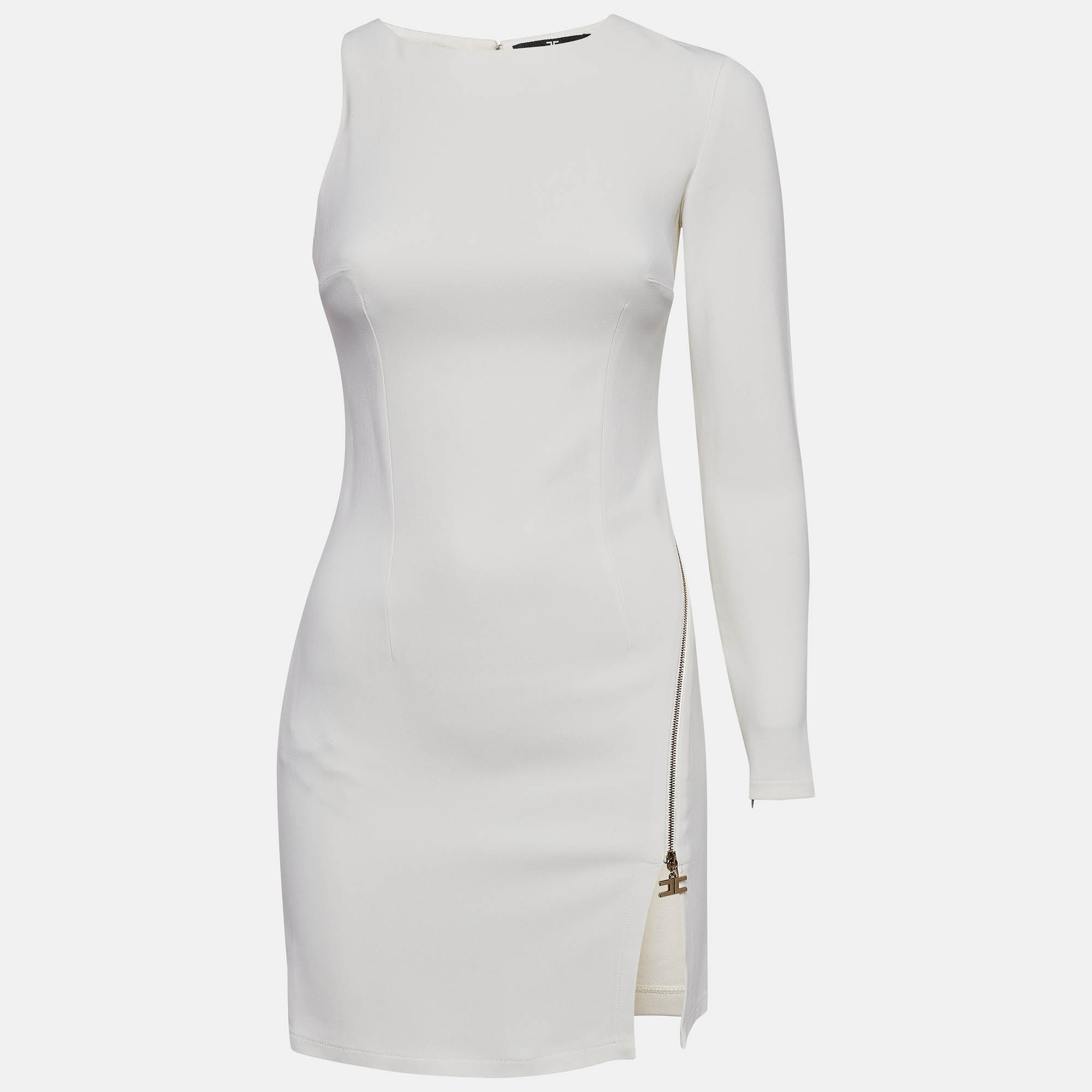 

Elisabetta Franchi White Stretch Knit Asymmetric Sleeve Mini Dress S