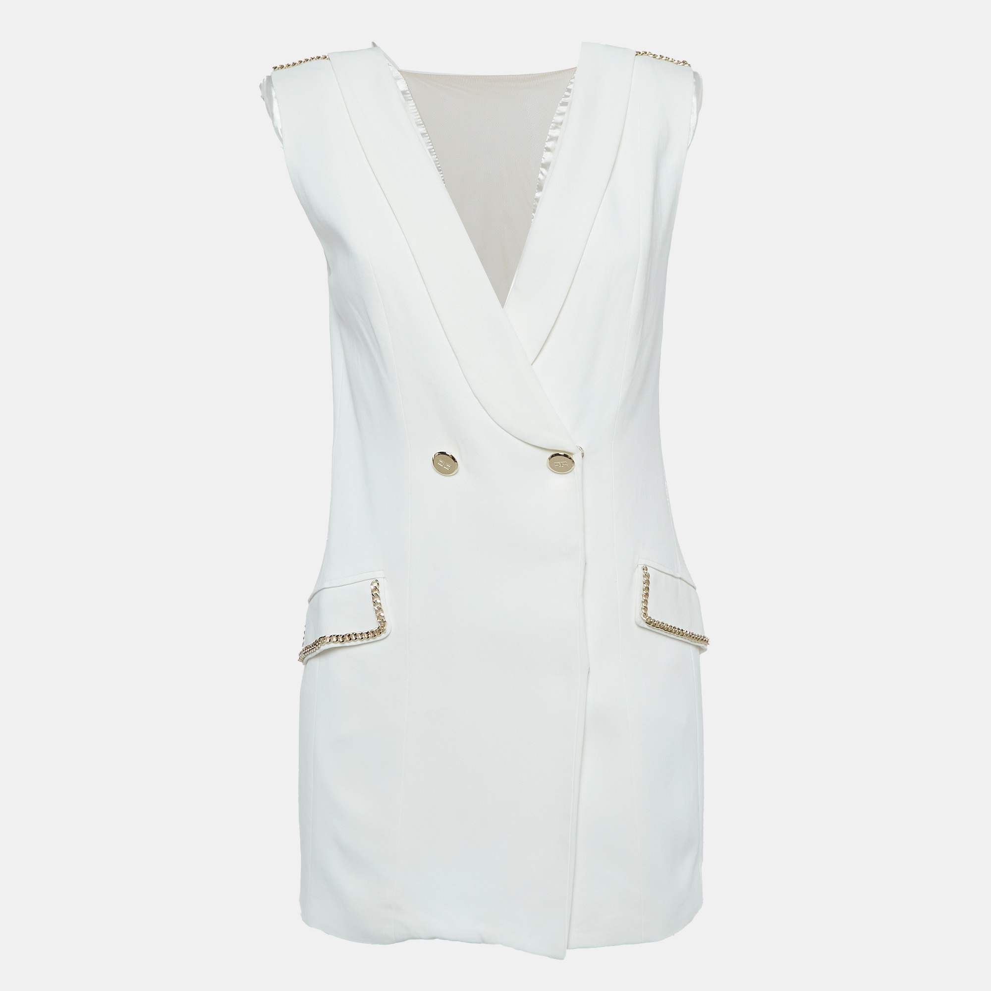 

Elisabetta Franchi Off-White Crepe Collared Sleeveless Mini Dress S