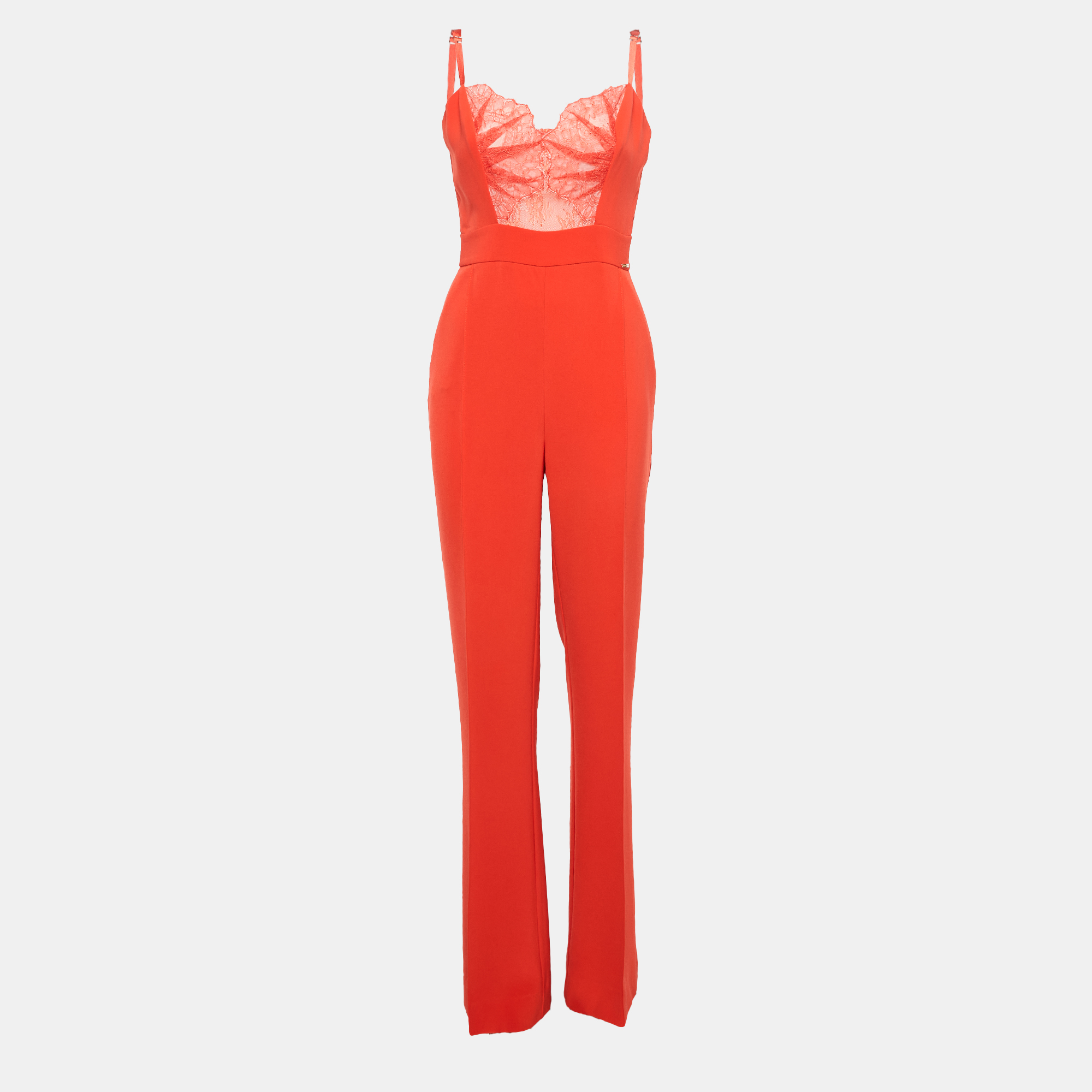 Pre-owned Elisabetta Franchi Orange Crepe Lace Trimmed Jumpsuit Xl