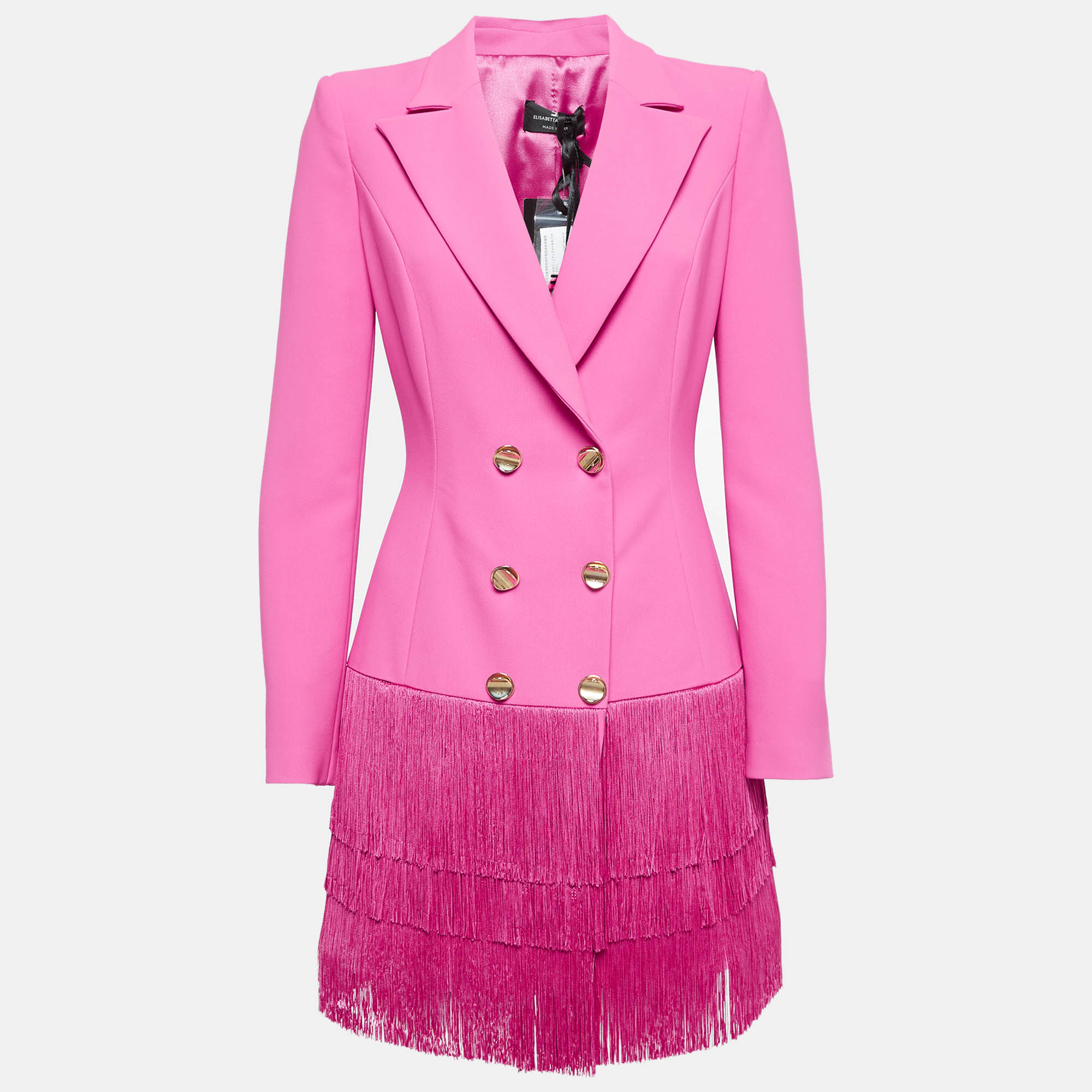 Pre-owned Elisabetta Franchi Pink Crepe Fringed Double Breasted Blazer L