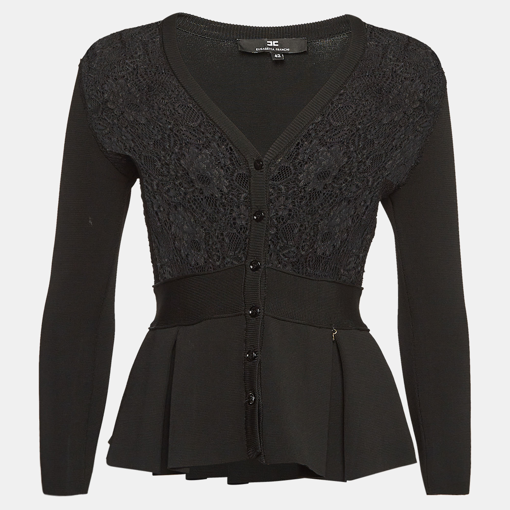 

Elisabetta Franchi Black Lace and Knit Pleated Cardigan M