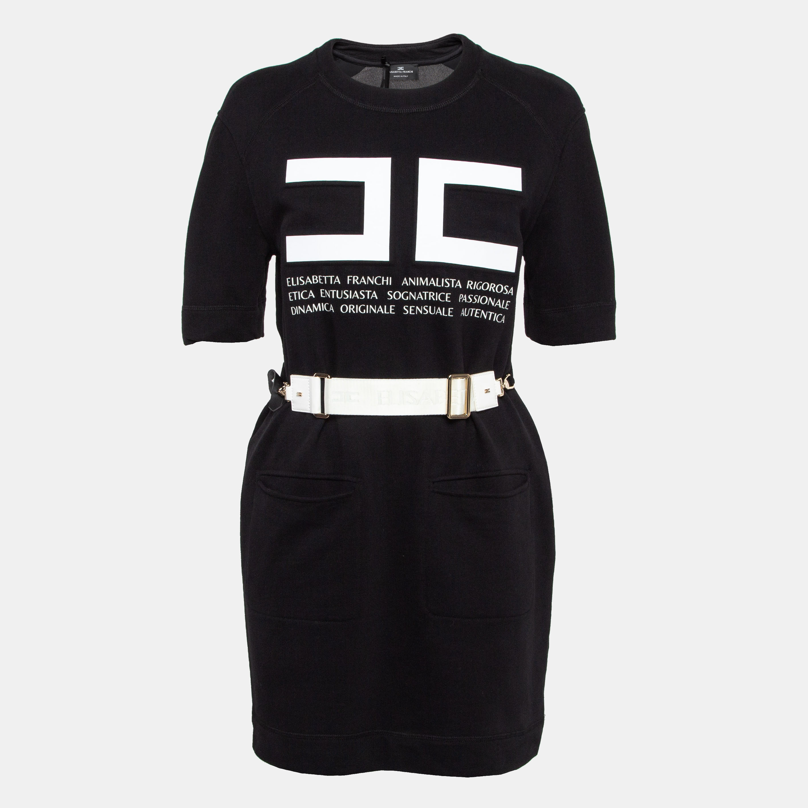 

Elisabetta Franchi Black Textured Print Cotton Belted T-Shirt Dress M