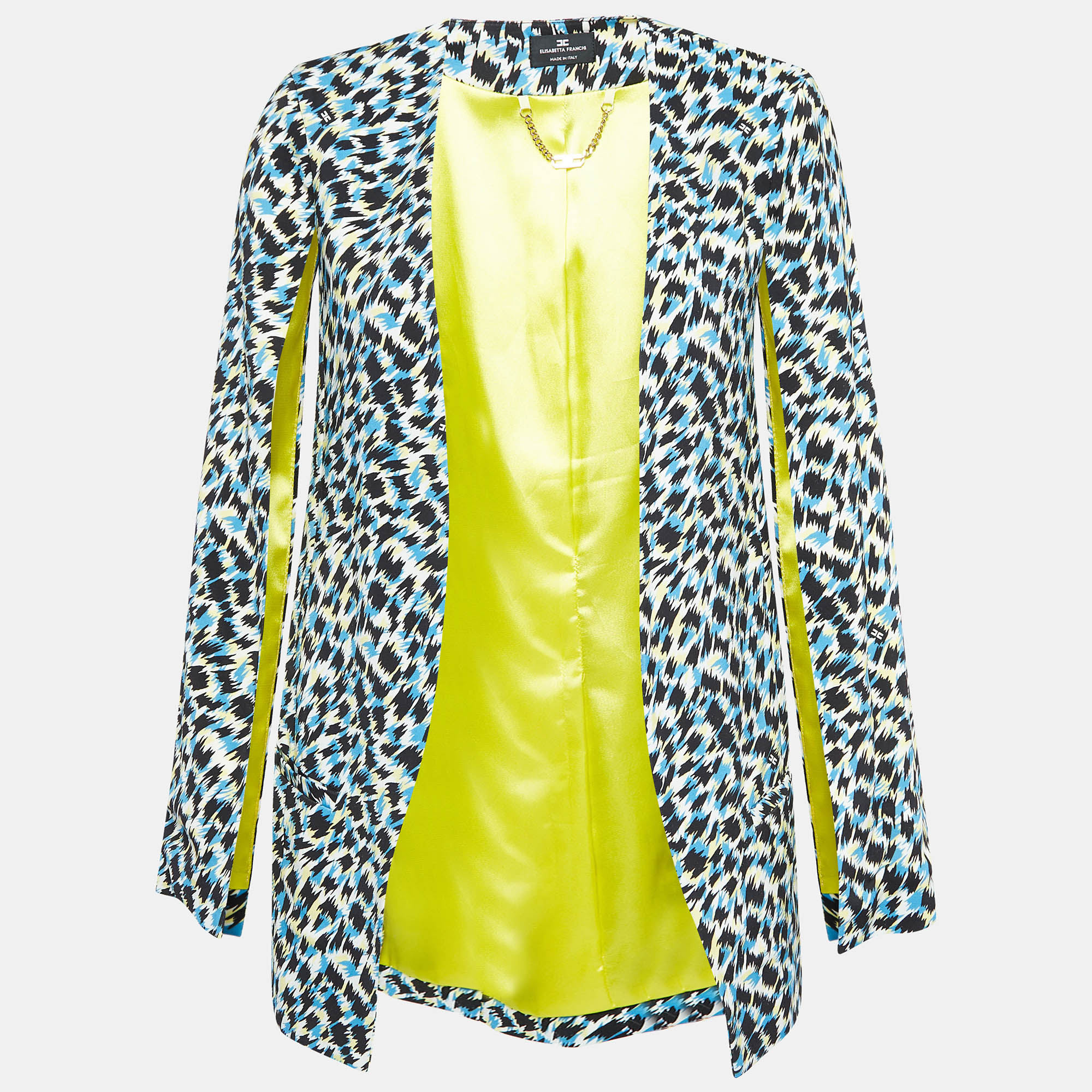 

Elisabetta Franchi Blue Printed Jersey Cape Sleeve Open Front Jacket S